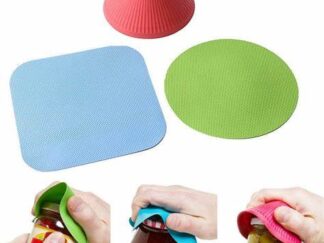 Three examples of bottle grippers: a red triangular grip, a flat square blue grip and a round flat green grip. Below are three examples of the grips being used on different twist-lid jars.