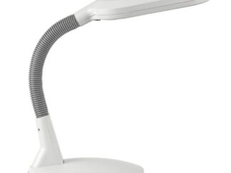 A desk lamp, with a large white plastic base and head. These are connected by a metal flexible arm.