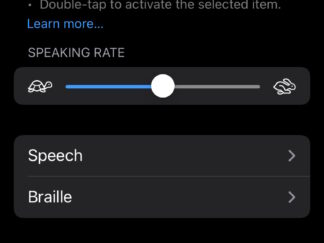 An example of an iPhone smartphone accessibility settings screen with options to enable VoiceOver functionality and set reading speed.