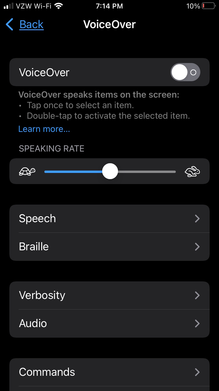 An example of an iPhone smartphone accessibility settings screen with options to enable VoiceOver functionality and set reading speed.