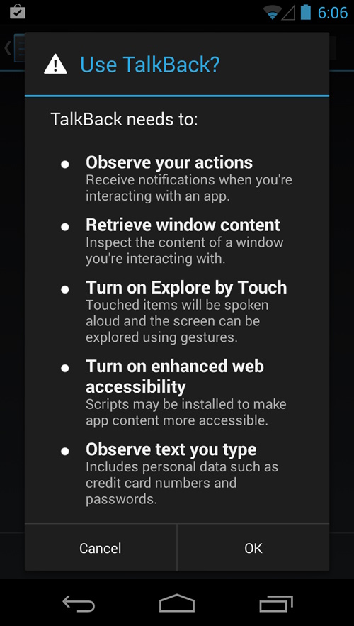 An example of an Android smartphone settings screen to enable the TalkBack functionality.