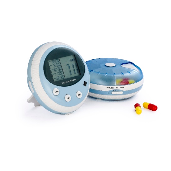 A round pill box with a digital screen and buttons on one side, where alarms can be set. On the other side, pills can be seen in compartments underneath a transparent blue lid.